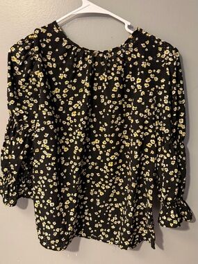 Black Floral Puff Sleeve Blouse with Yellow Daisy Print - Women’s Top